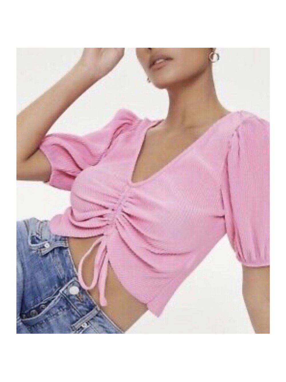 Zara Pink Ruched V-Neck Crop Top With Balloon Sleeve